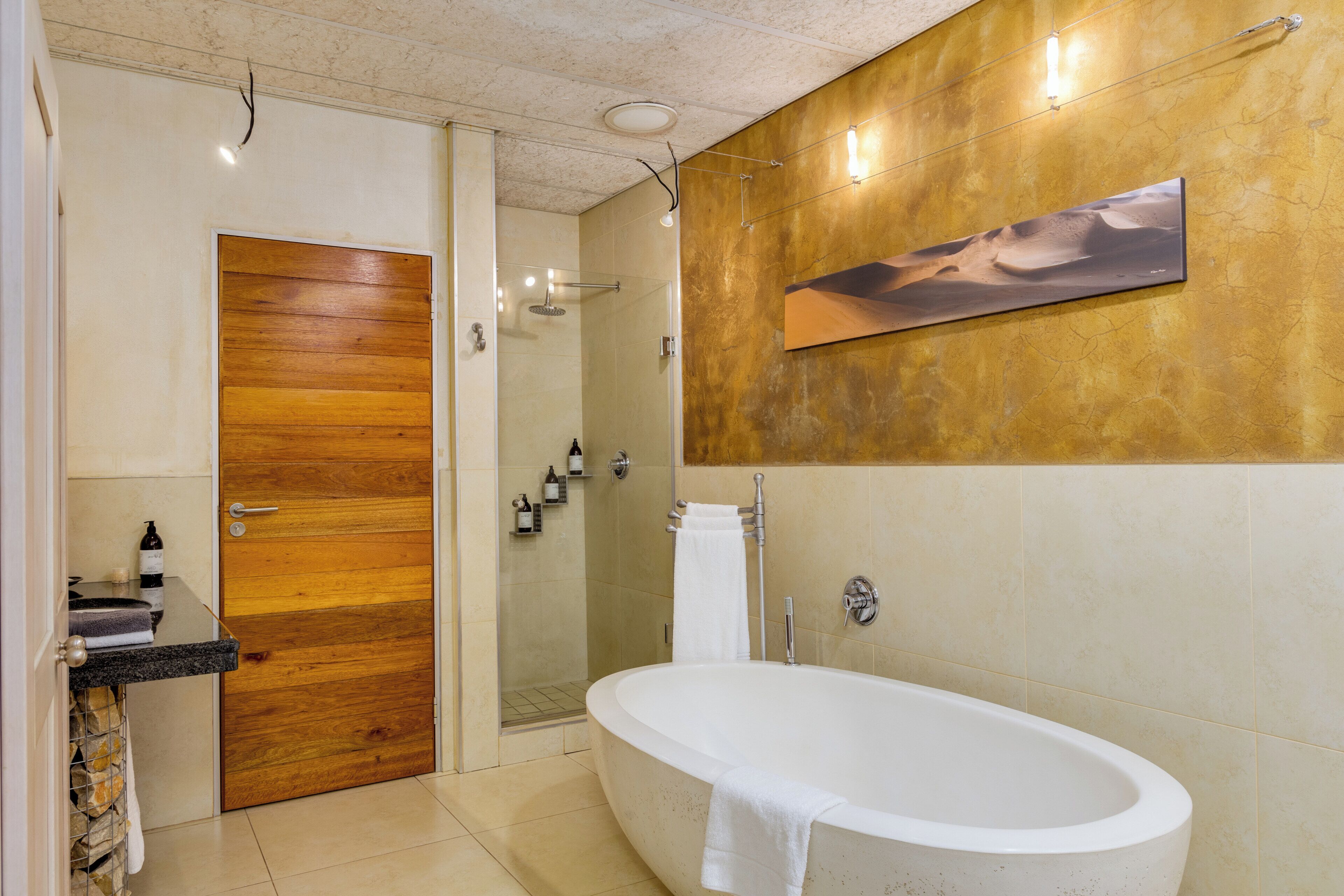 A bathroom with a wooden door, a freestanding bathtub, a glass shower enclosure, and a wall-mounted towel rack.