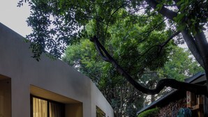 Un patio con un edificio blanco, dos sillas, un banco y un pequeño hogar para fuego.