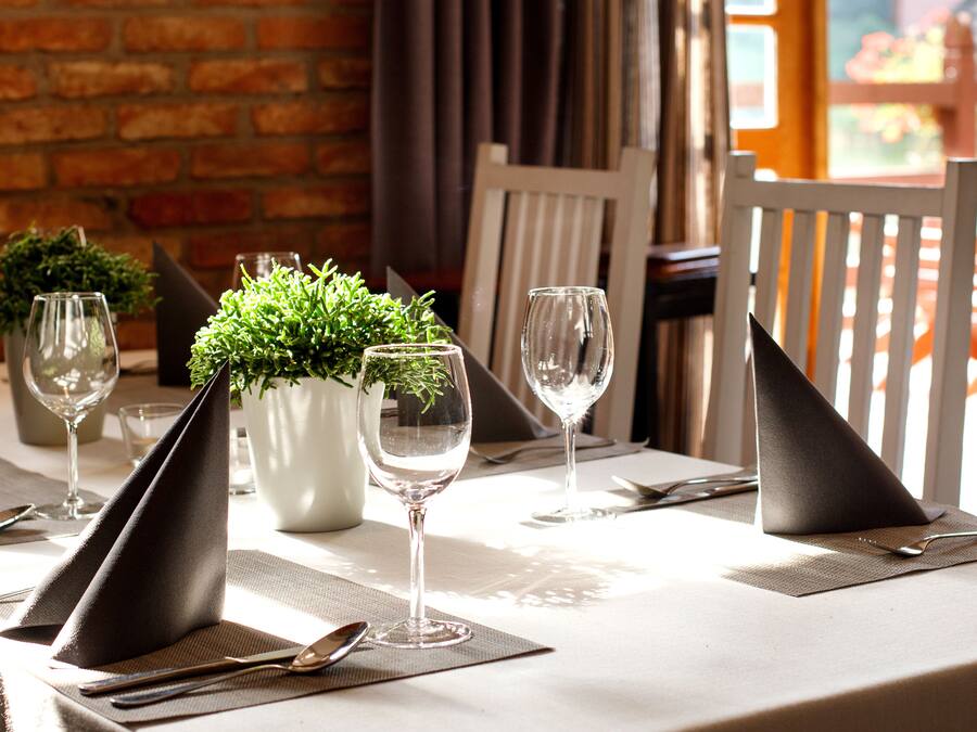 A dining table set with wine glasses, napkins, and a potted plant.