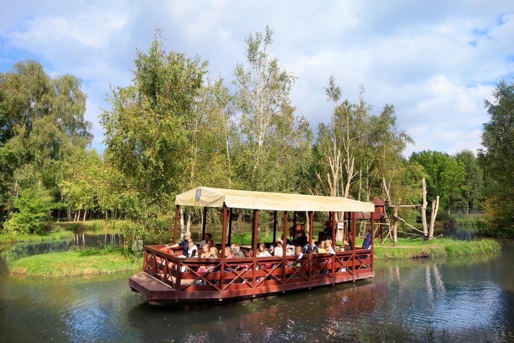 A wooden boat with a canopy, passengers, and a forested riverbank.