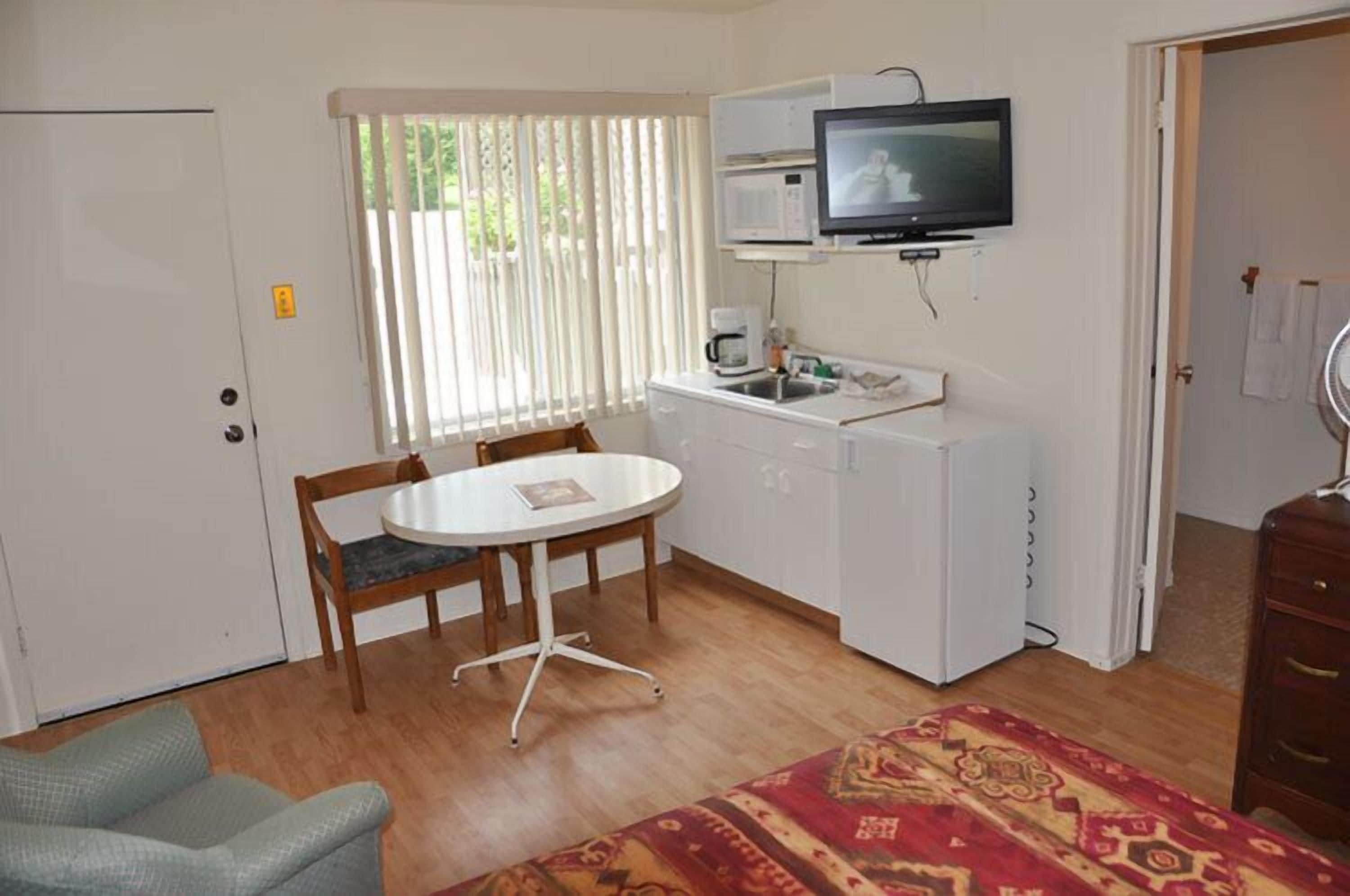 Une pièce compacte comprenant un coin cuisine, une table à manger avec des chaises, un téléviseur fixé au-dessus de l’évier et un tapis à motifs sur le sol.