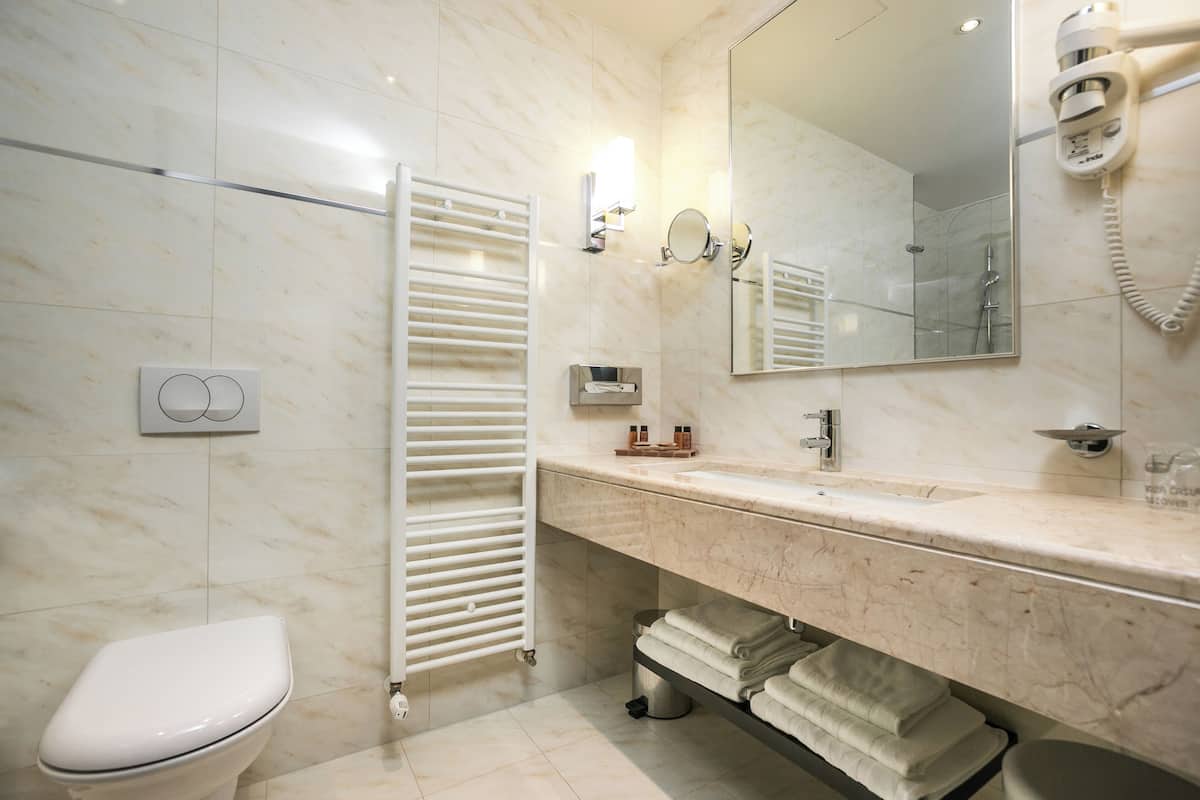 combined shower/bathtub, free toiletries, hair dryer, bathrobes