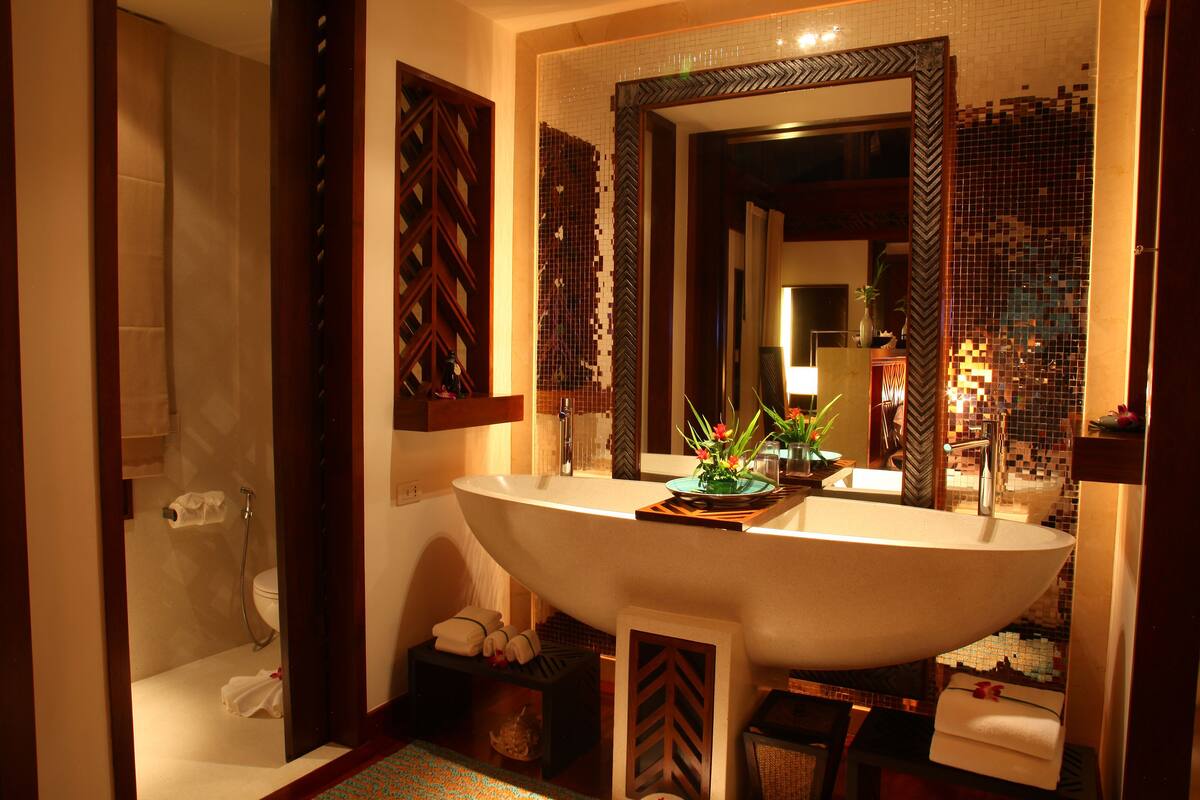 mai pool villa | bathroom | separate bathtub and shower, rainfall showerhead, free toiletries