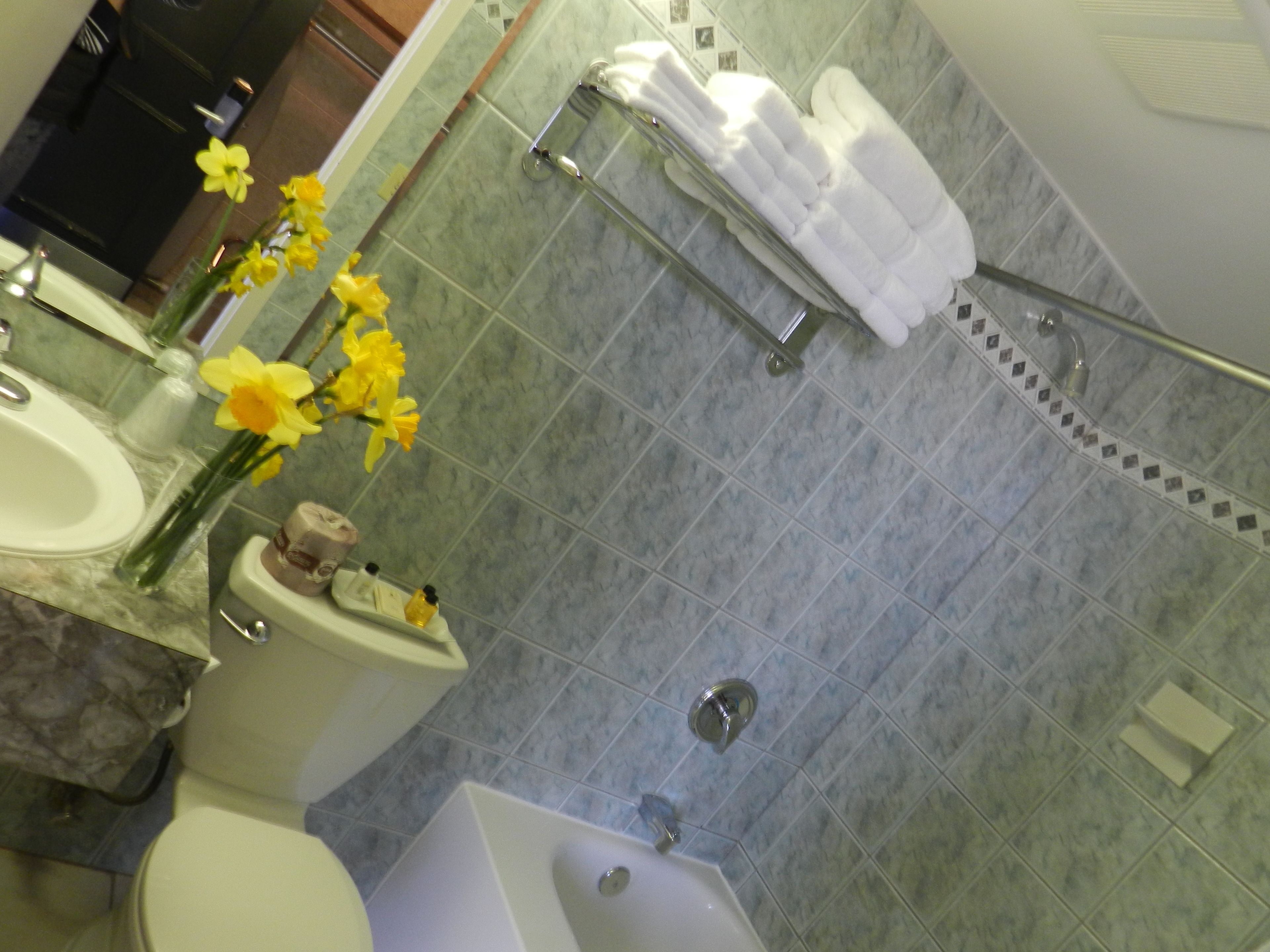 standard room, 2 queen beds, non smoking | bathroom | combined shower/bathtub, hair dryer, towels