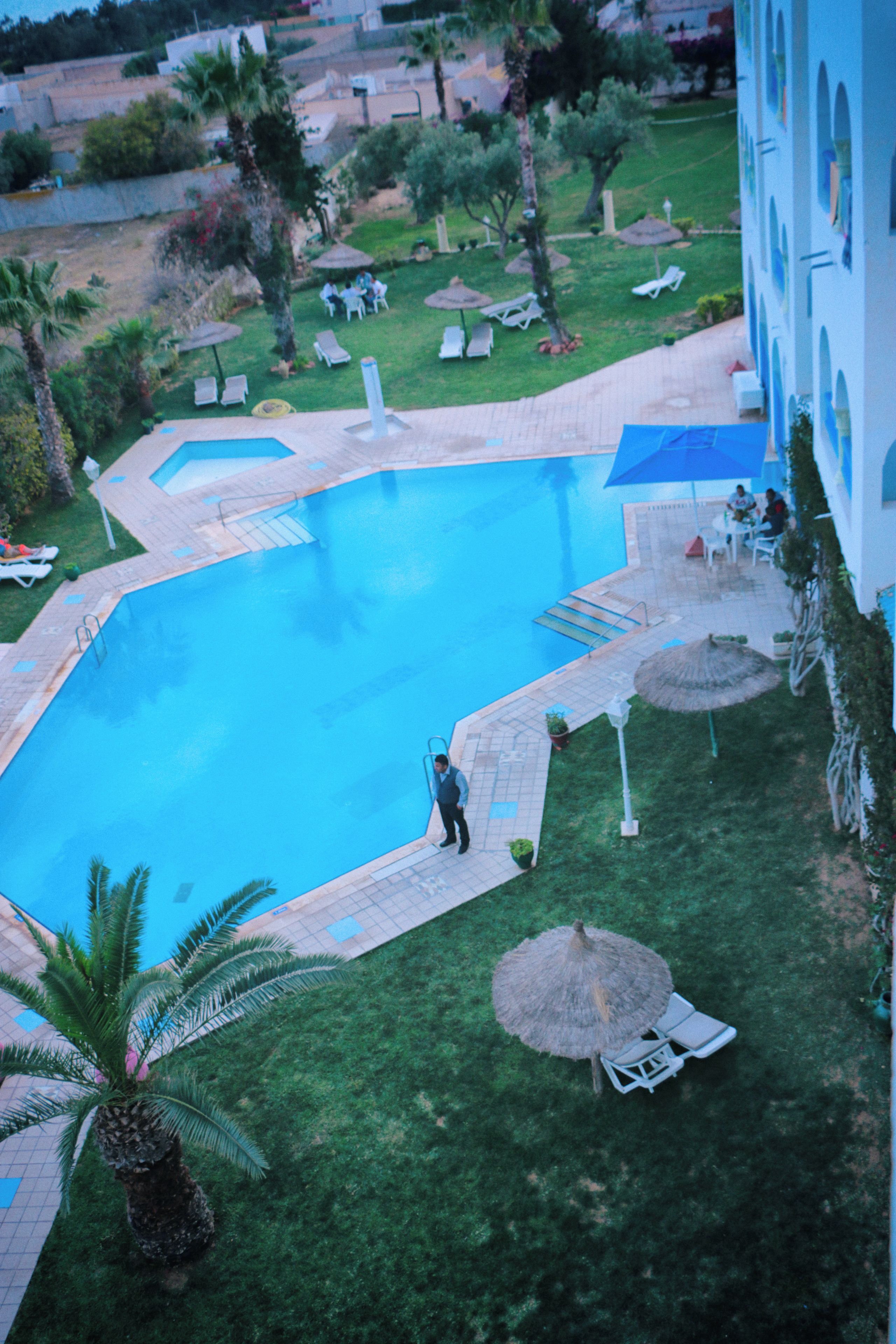 Una piscina con bordo piastrellato, circondata da sdraio e ombrelloni, con un edificio sullo sfondo.