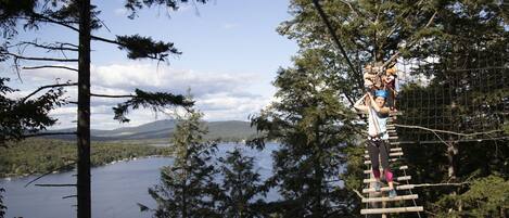 A person navigating a rope bridge in a forested area with a lake and mountains in the background.