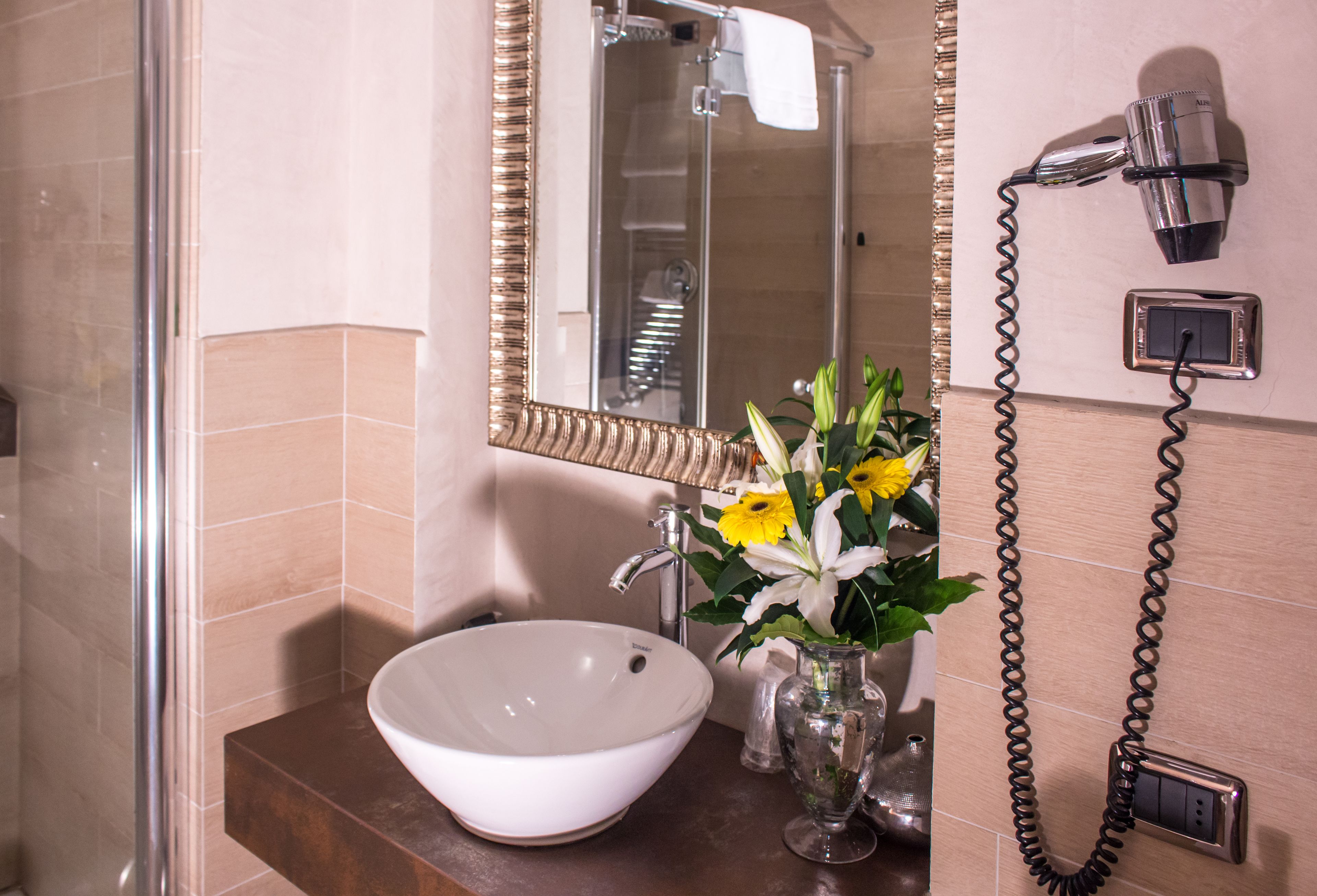 hair dryer, bidet, towels, soap