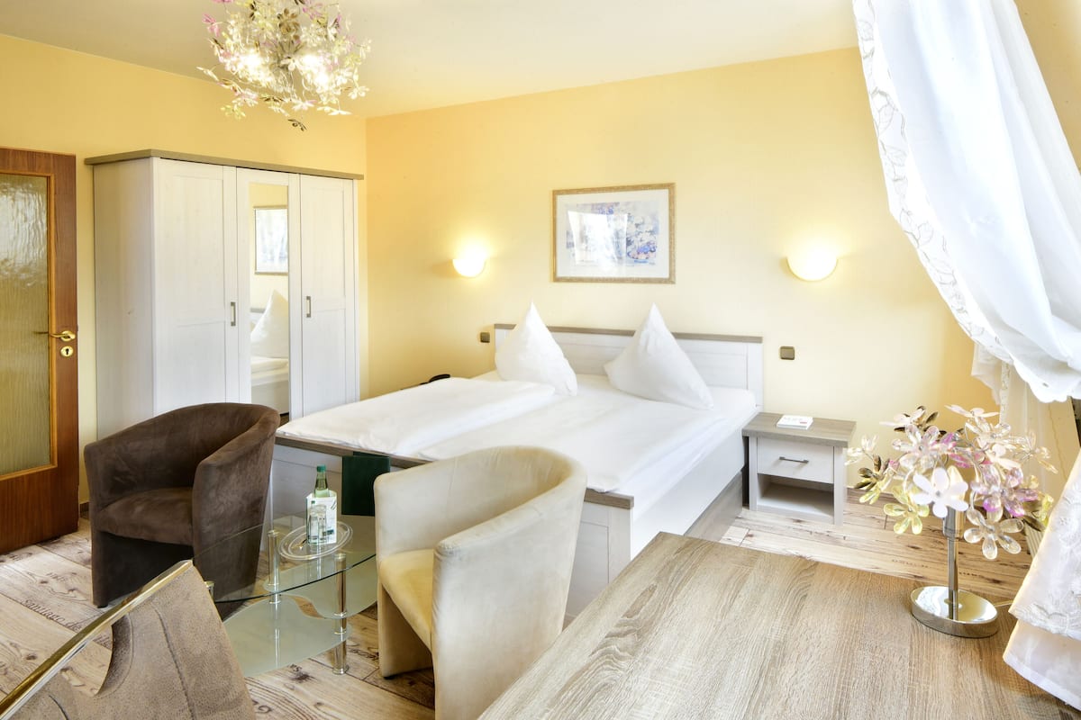 Habitación de hotel con cama, dos sillas, una mesa, armario, mesita de noche y una planta decorativa.