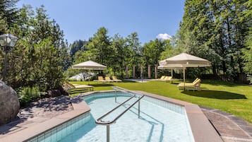 Indoor pool, outdoor pool, pool umbrellas, sun loungers