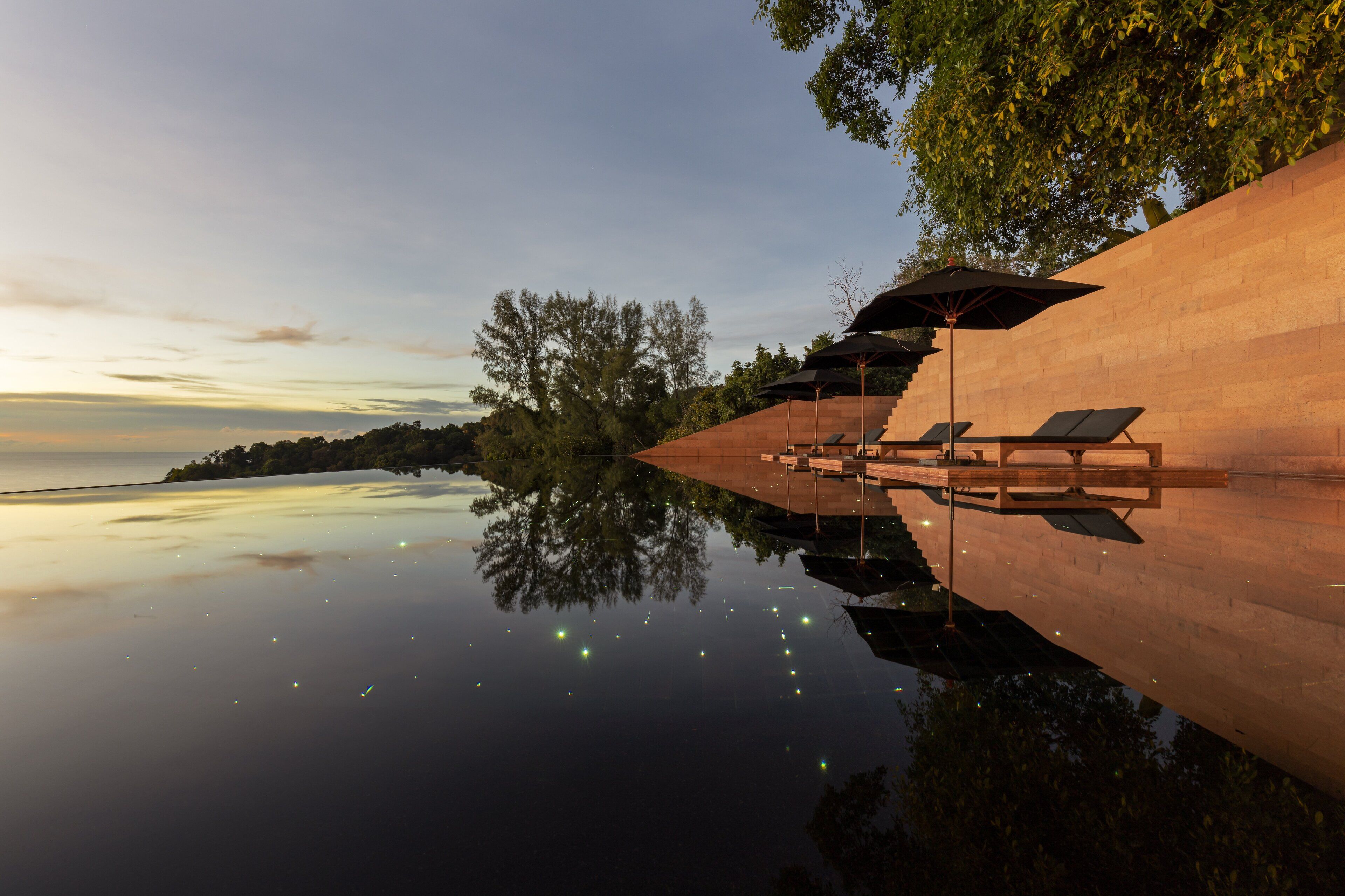 Outdoor pool, pool umbrellas, pool loungers