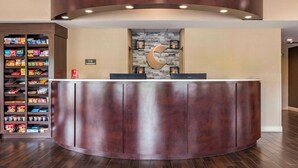 A reception desk with a curved design, a stone wall with a crescent moon decoration, and a snack shelf to the left.