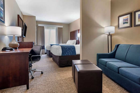 Premium bedding, pillowtop beds, desk, laptop workspace