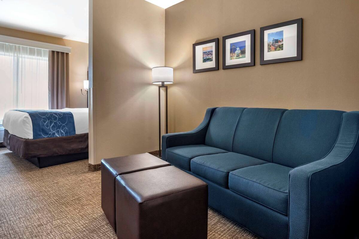 A hotel room with a bed, a blue sofa, a small table, and three framed pictures on the wall.