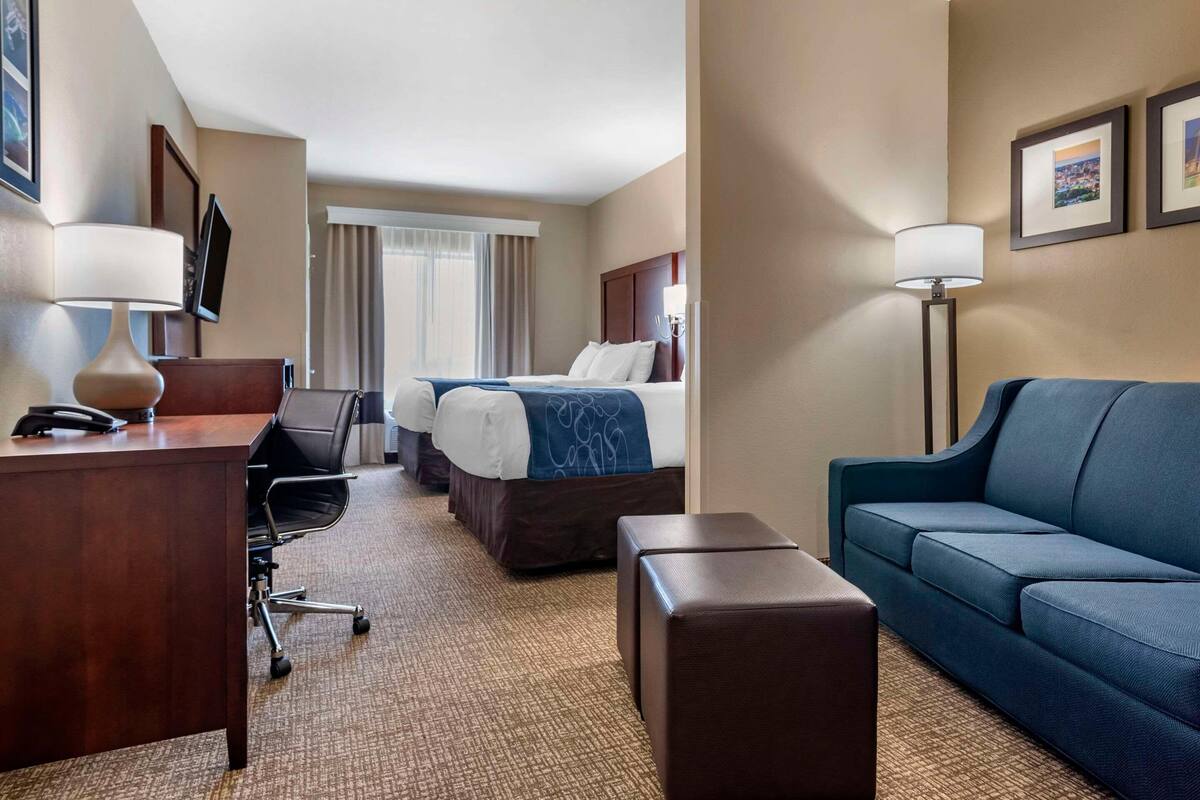 Premium bedding, pillow-top beds, desk, laptop workspace