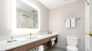 Une salle de bain moderne avec un lavabo blanc, un meuble-lavabo en bois, un grand miroir, des toilettes et un porte-serviettes.