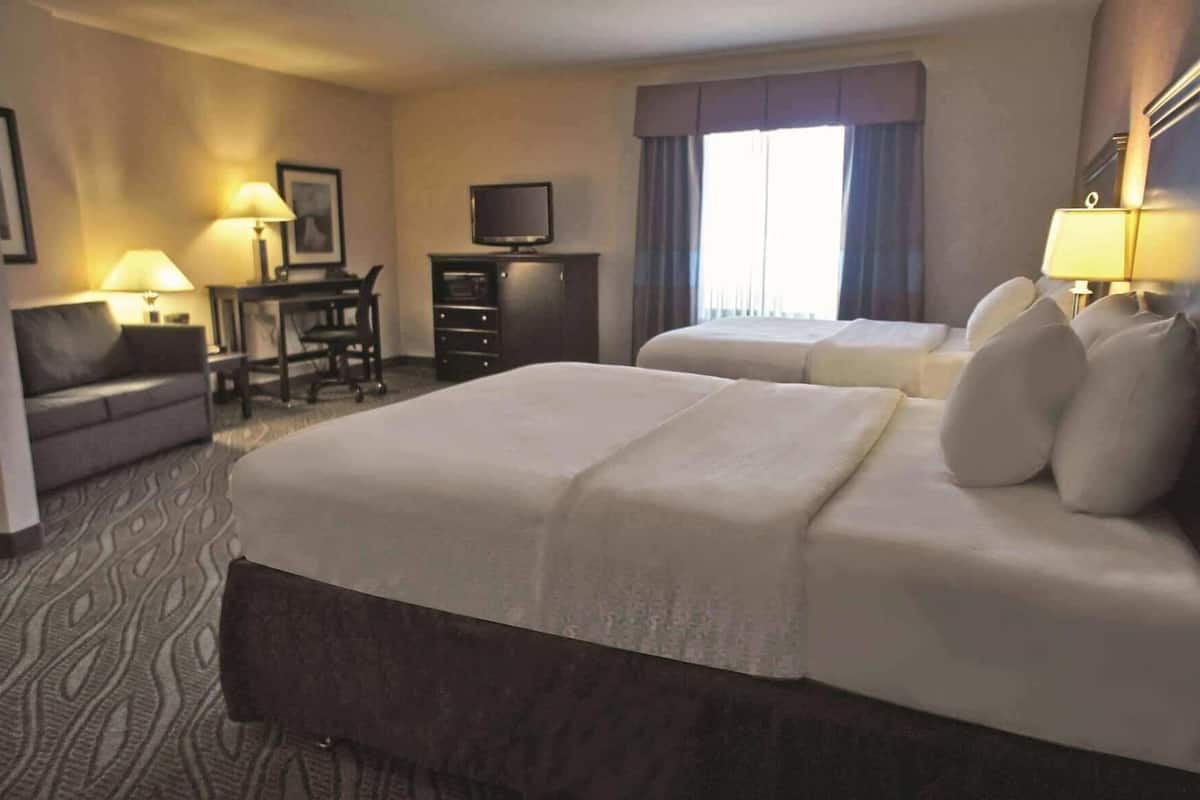 Een hotelkamer met twee bedden, een bureau met een stoel, een televisie en een bank.