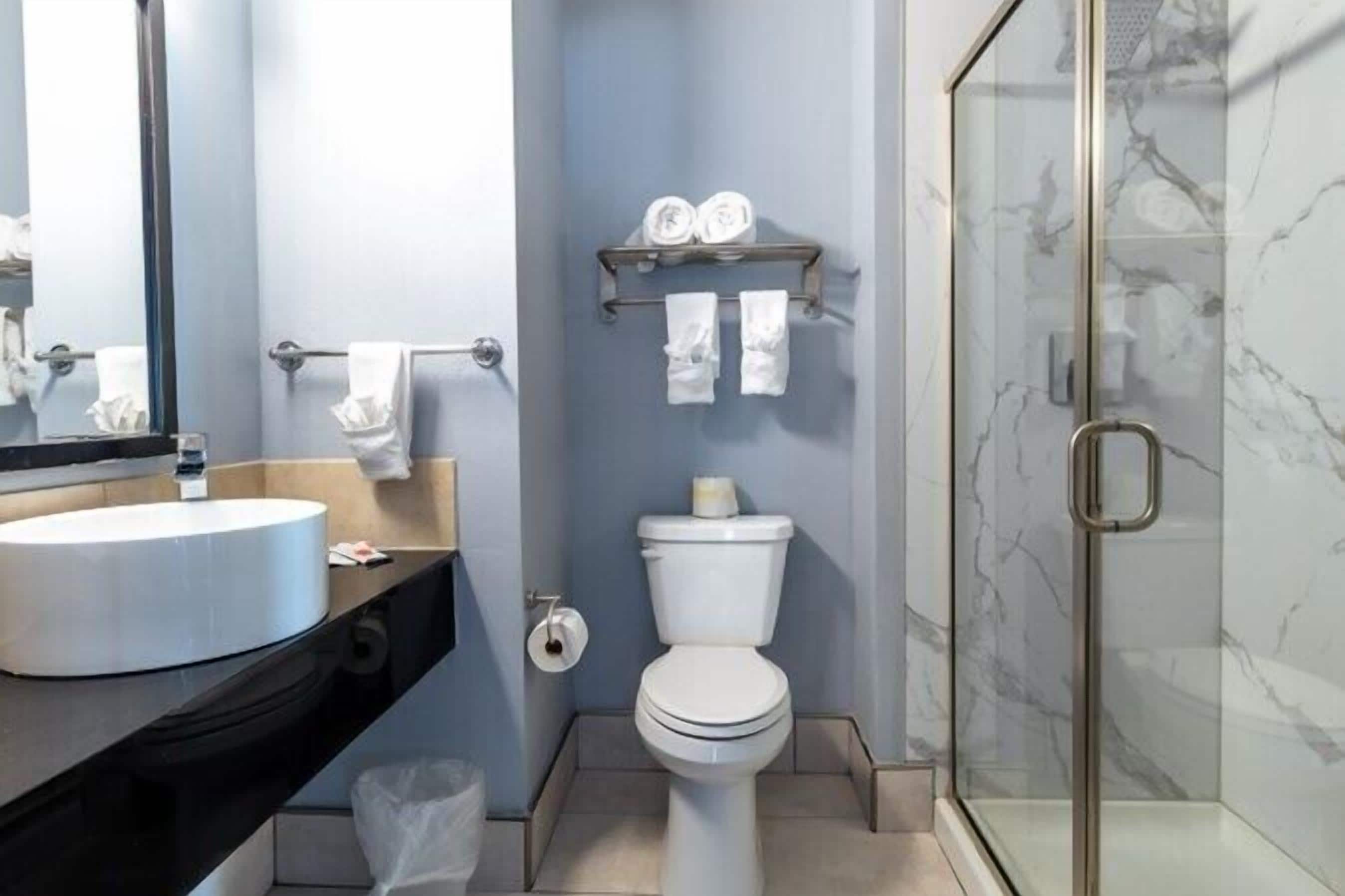A modern bathroom with a round sink, toilet, and glass shower enclosure.