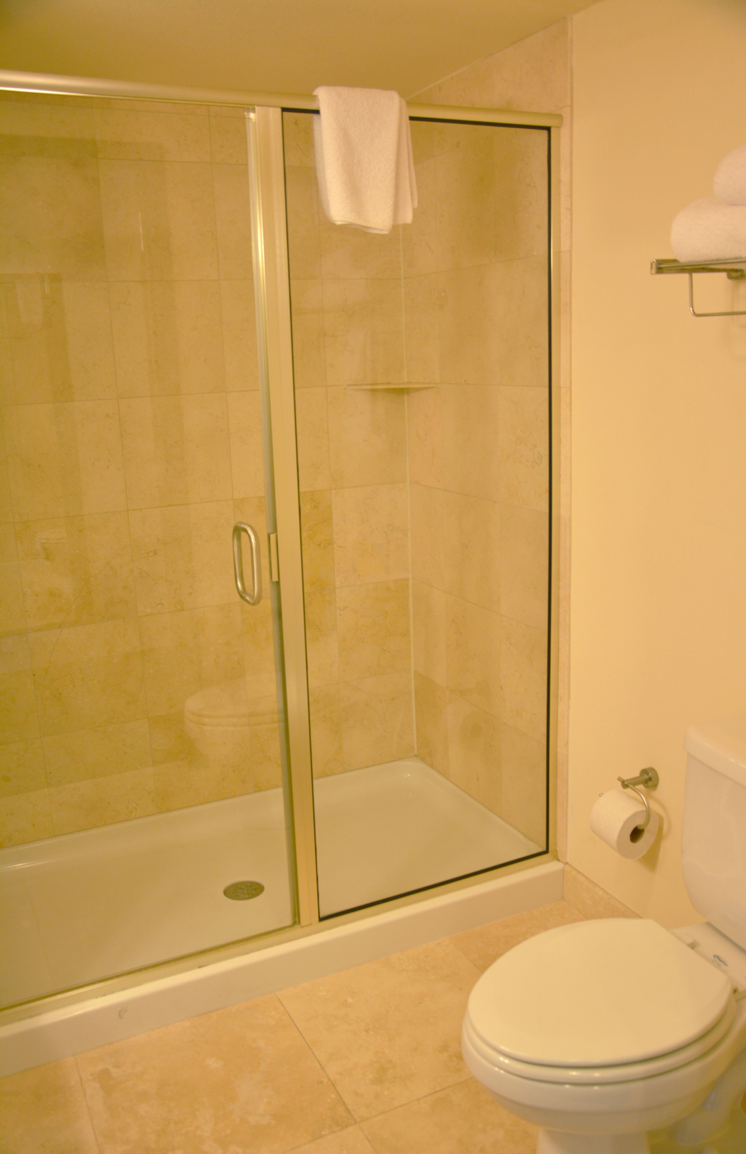 A bathroom with a glass-enclosed shower, a toilet, and a shelf with a towel.