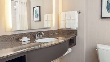 Un baño moderno con lavamanos de granito, un espejo y un inodoro.