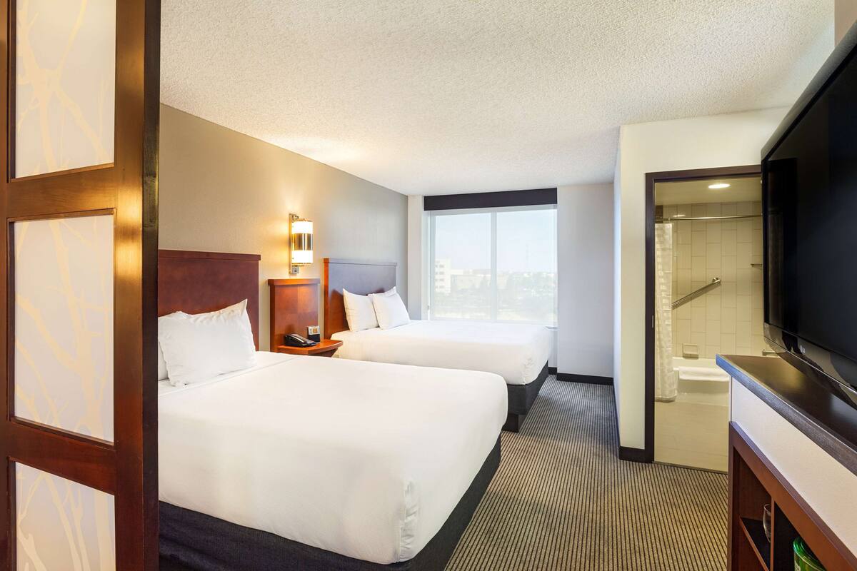 A hotel room with two beds, a TV, a bathroom with a bathtub, and a city view.