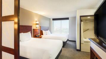 A hotel room with two beds, a TV, a bathroom with a bathtub, and a city view.