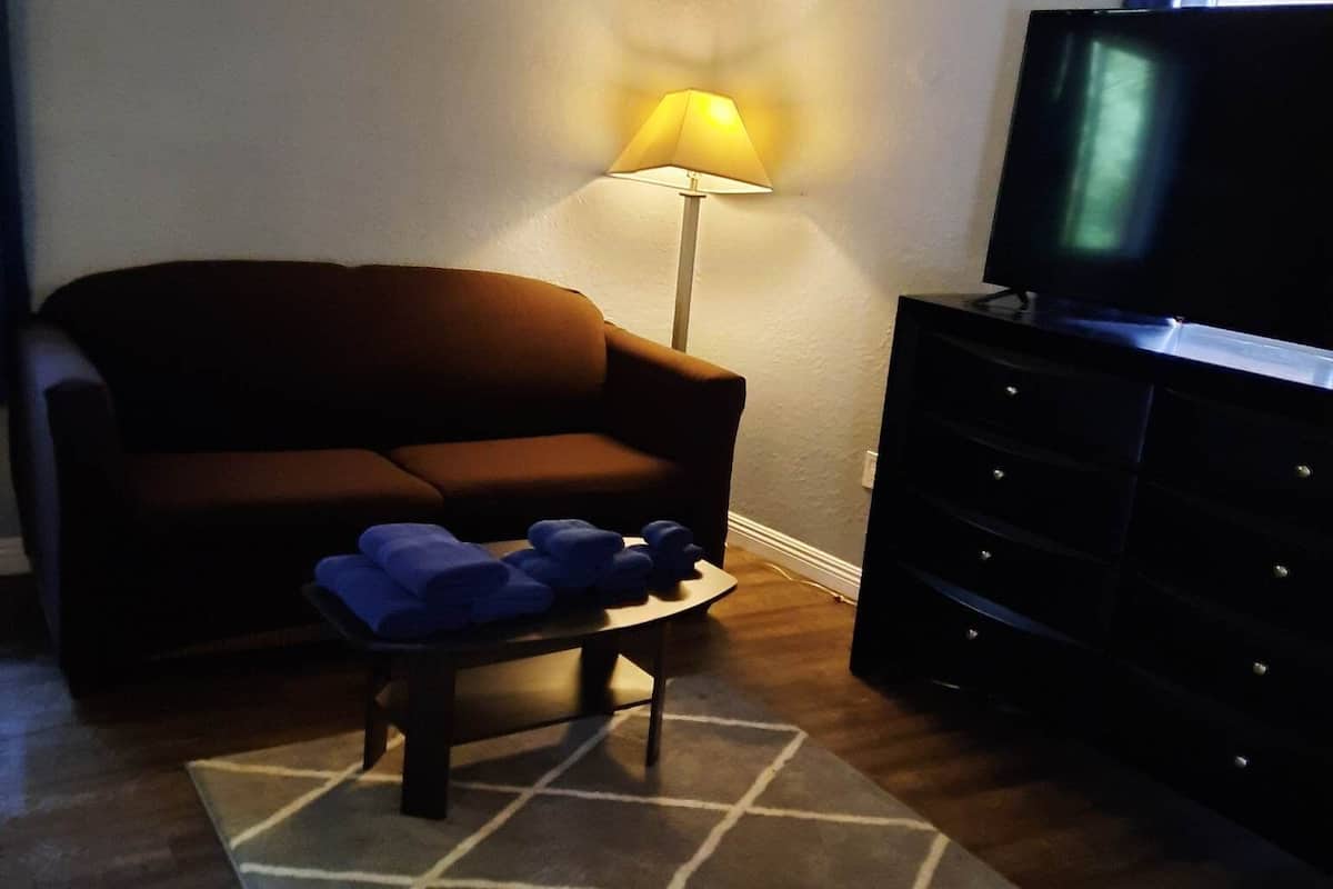 deluxe suite, 1 bedroom | living area | tv, printers