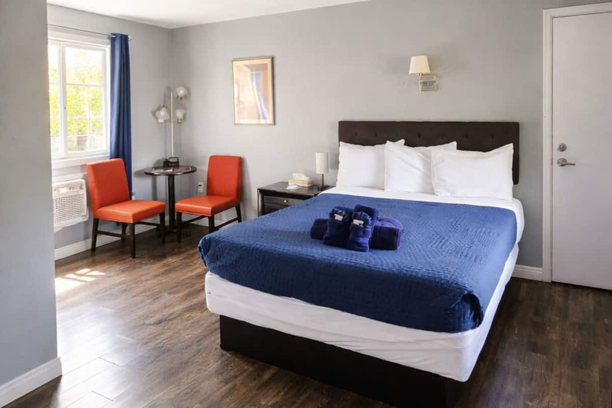 A hotel room with a large bed, two chairs, a small table, and a window with curtains.