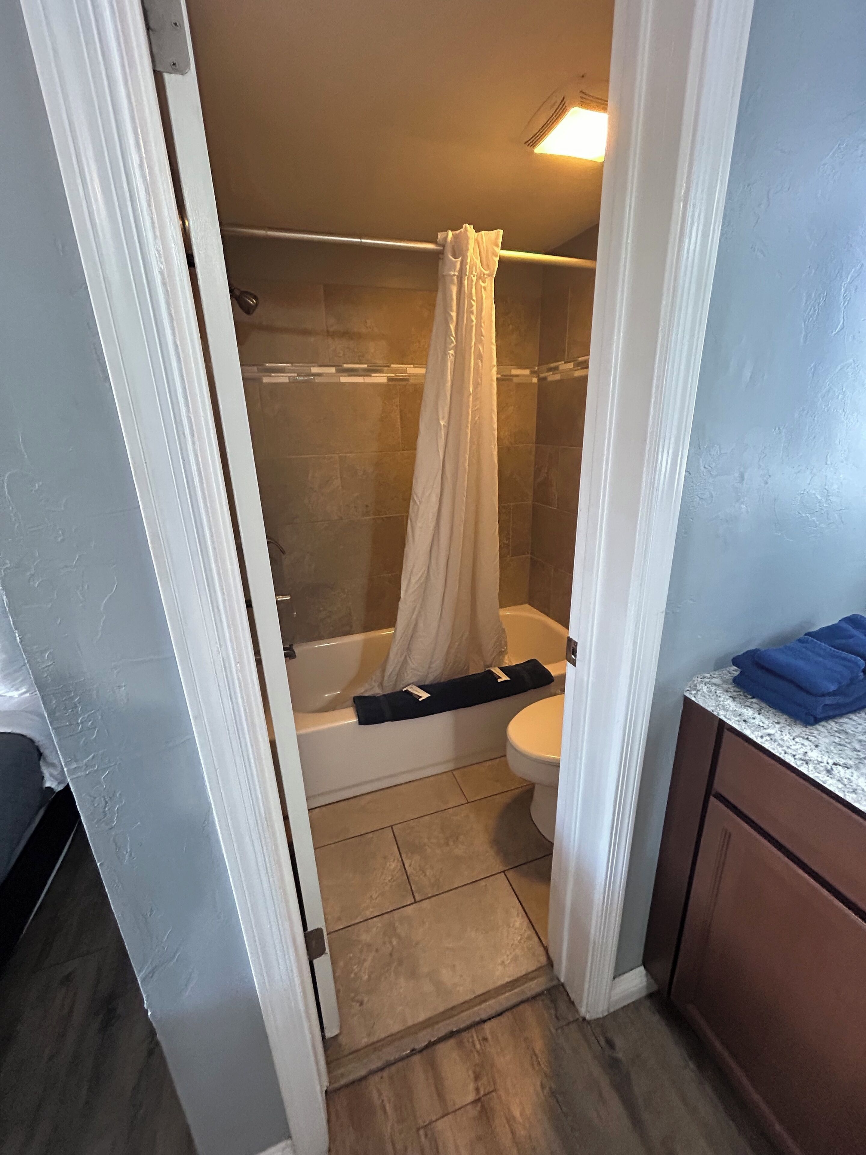 A bathroom with a shower, toilet, and a sink area.