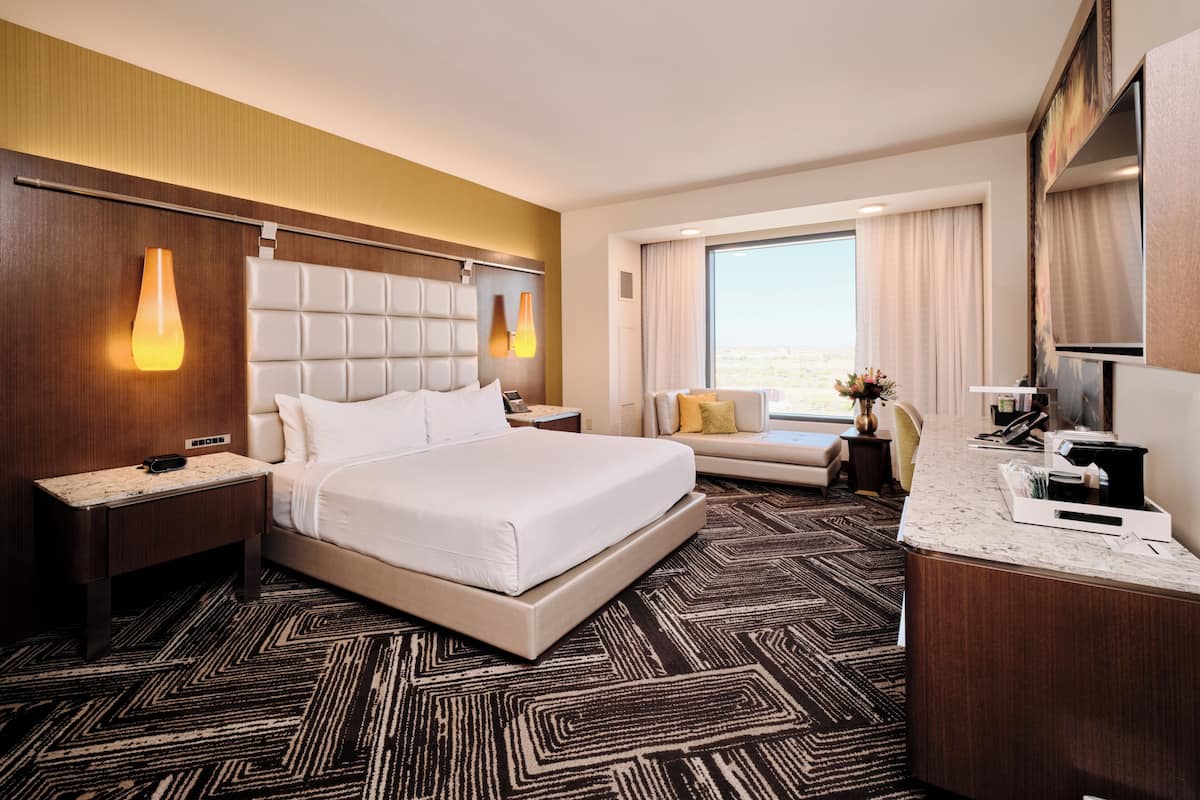 Una habitación de hotel con una cama grande, un sofá, un escritorio y un televisor.