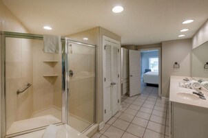 A modern bathroom with a glass shower enclosure, a walk-in bathtub, and a vanity with a mirror.
