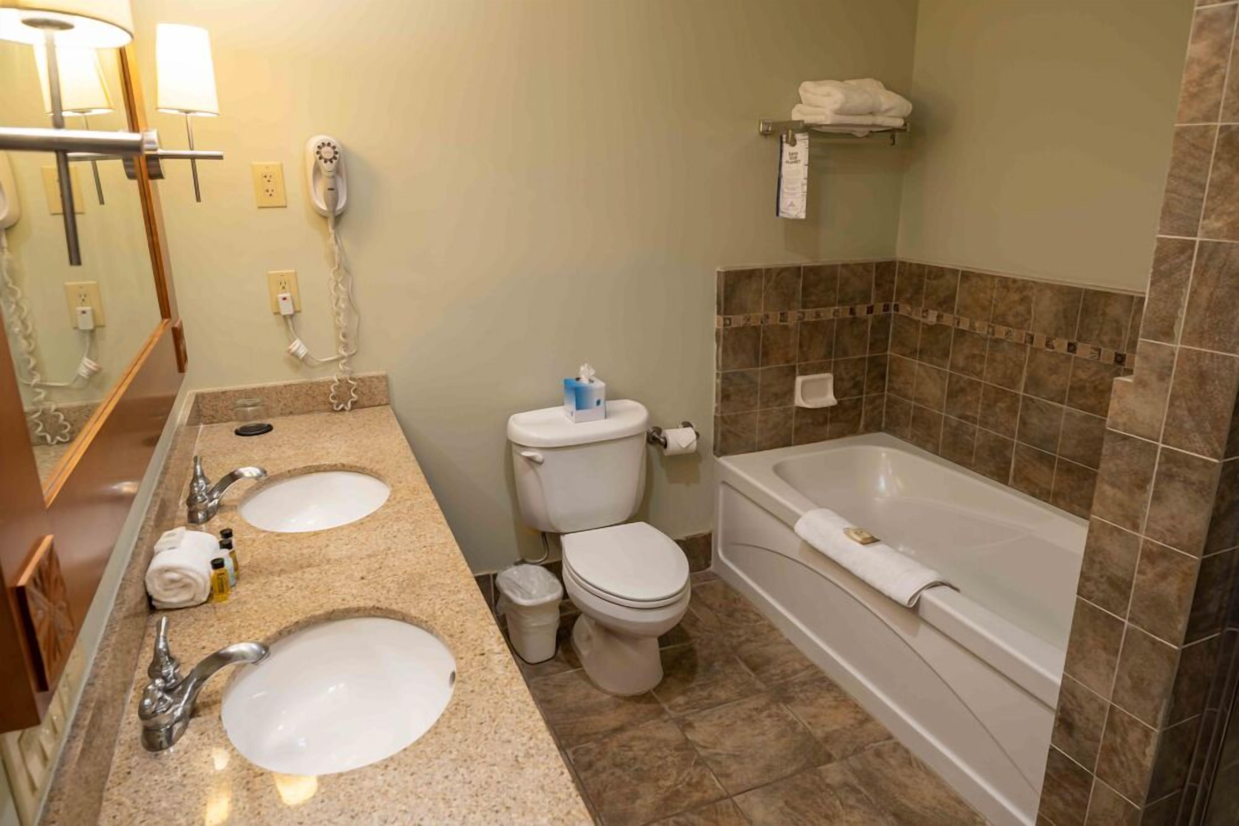 A bathroom with two sinks, a toilet, a bathtub, and a hairdryer.