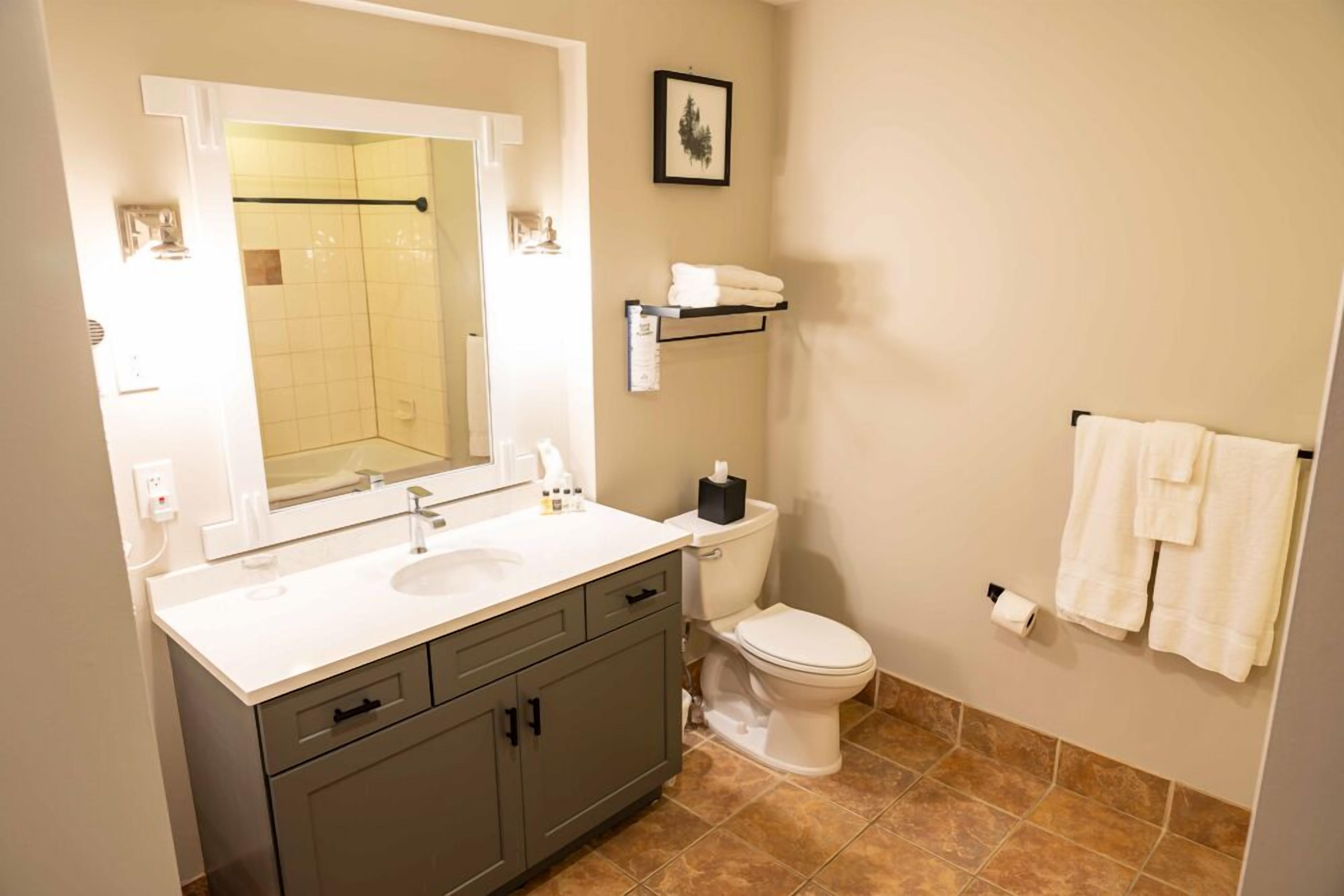 Une salle de bain avec un lavabo blanc, un miroir et des toilettes. On y trouve un porte-serviettes avec des serviettes et une étagère avec des articles de toilette.