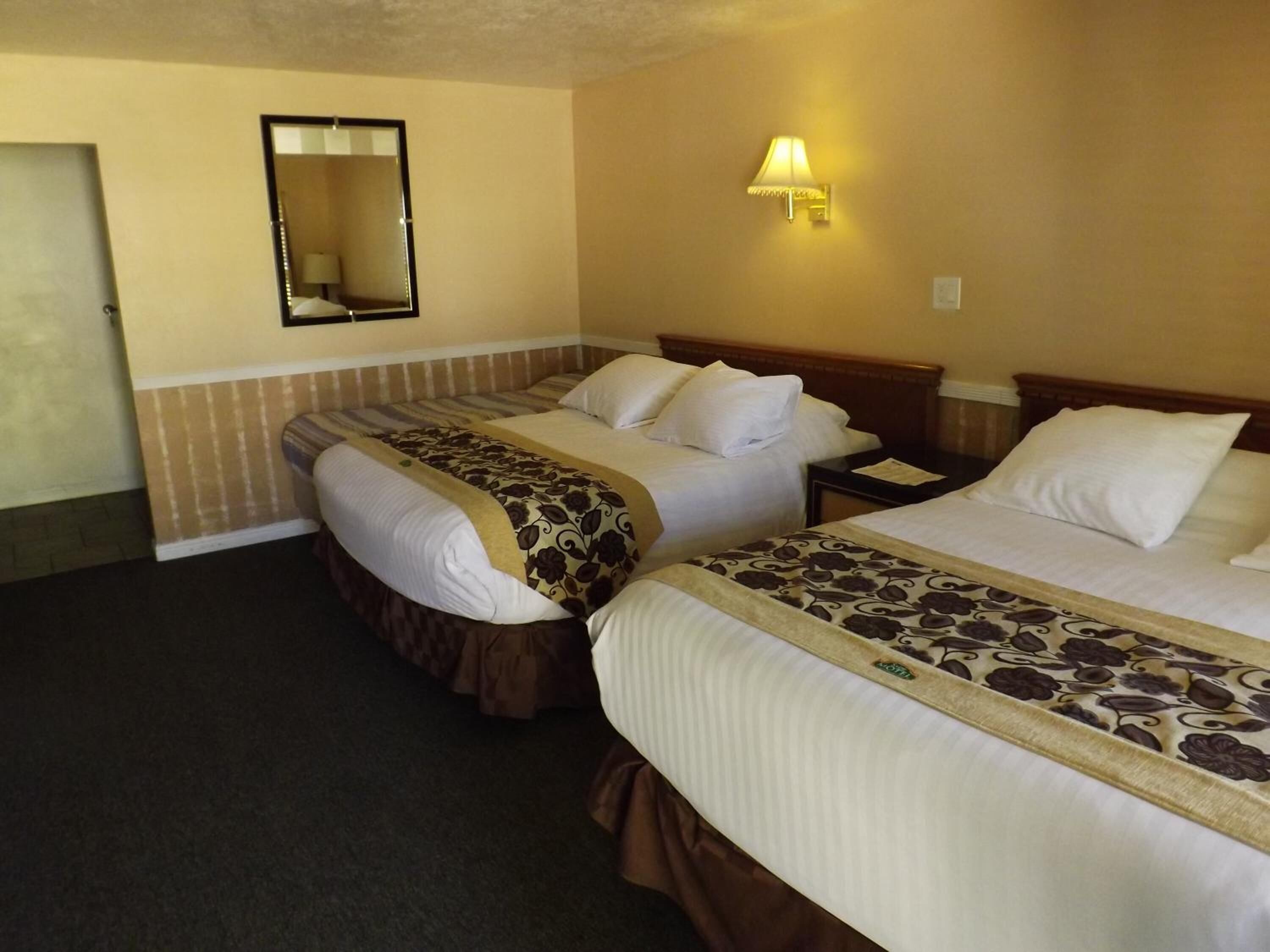 A hotel room with two beds, a mirror, a nightstand, and a wall-mounted lamp.