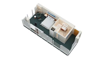 Modelo 3D de um quarto de hotel com cama, área de estar e banheiro.