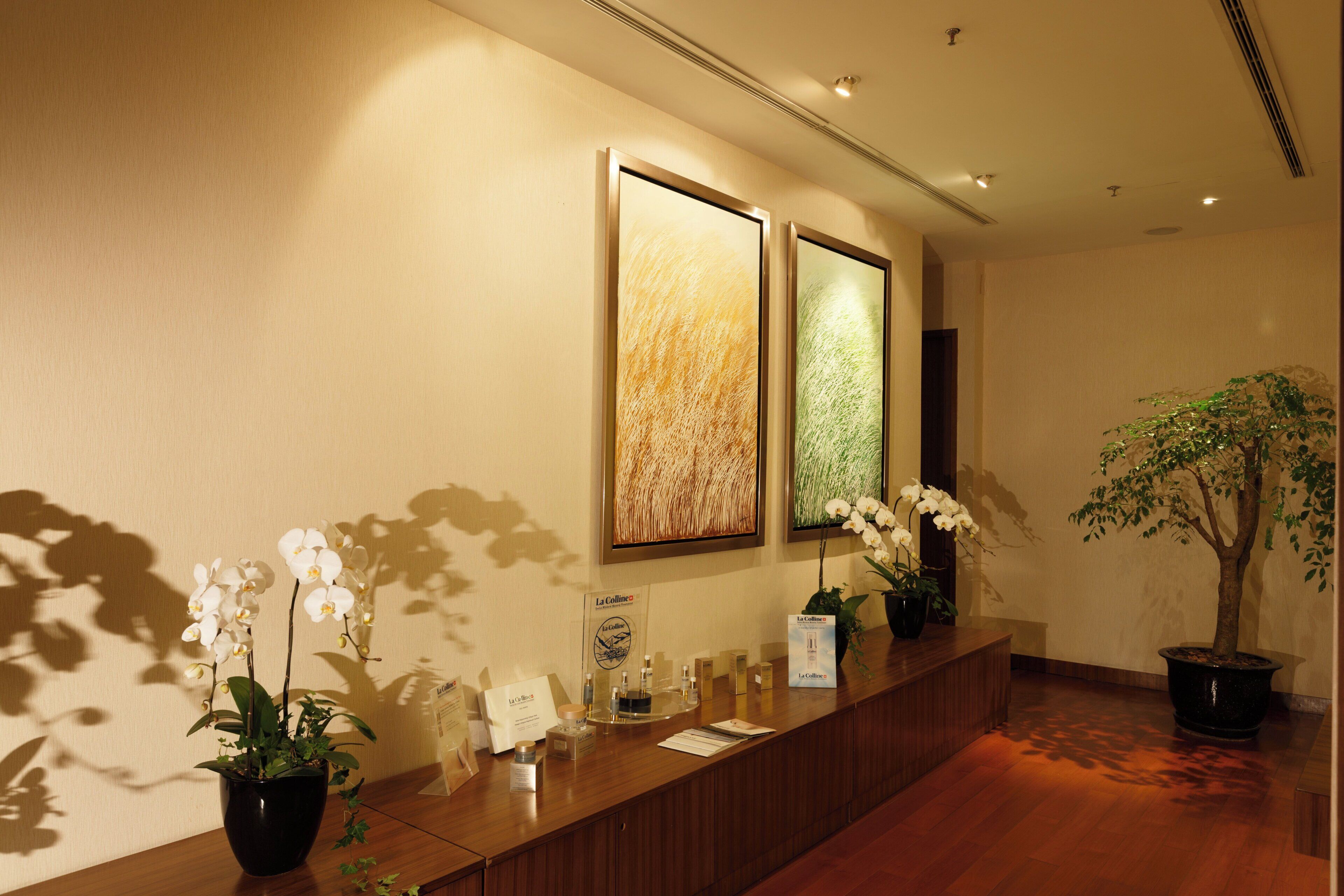 A reception desk with a wooden finish, two framed artworks on the wall, a potted plant, and a small tree.
