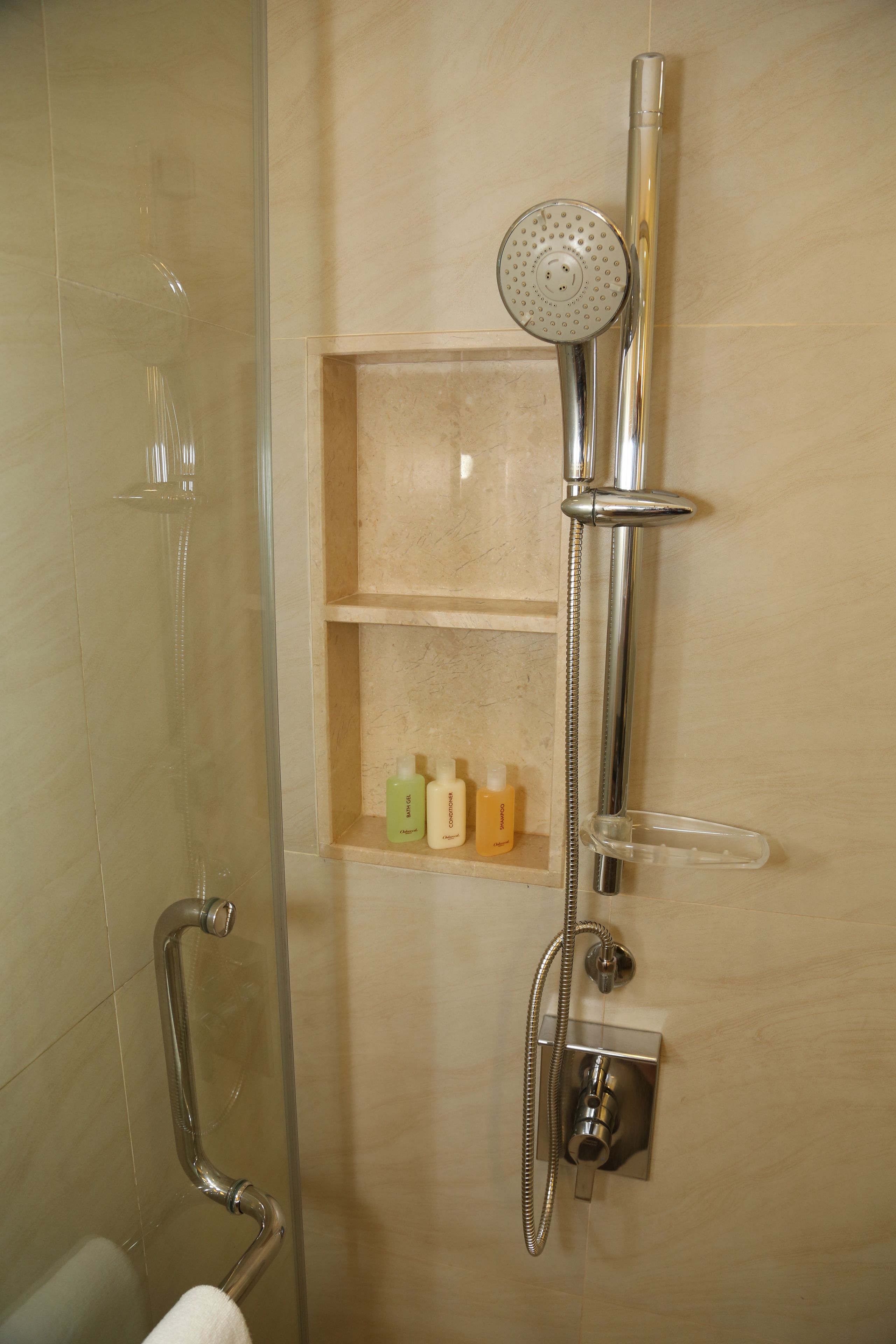 combined shower/bathtub, free toiletries, hair dryer, dressing gowns