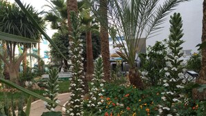 A garden with various plants and flowers, including white and orange blooms, and palm trees. - Residence Hammamet (Hammamet)