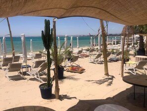 A beachside area with sun loungers, umbrellas, and a cactus plant. - Residence Hammamet (Hammamet)
