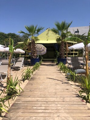Private beach nearby, sun loungers, beach umbrellas, water skiing