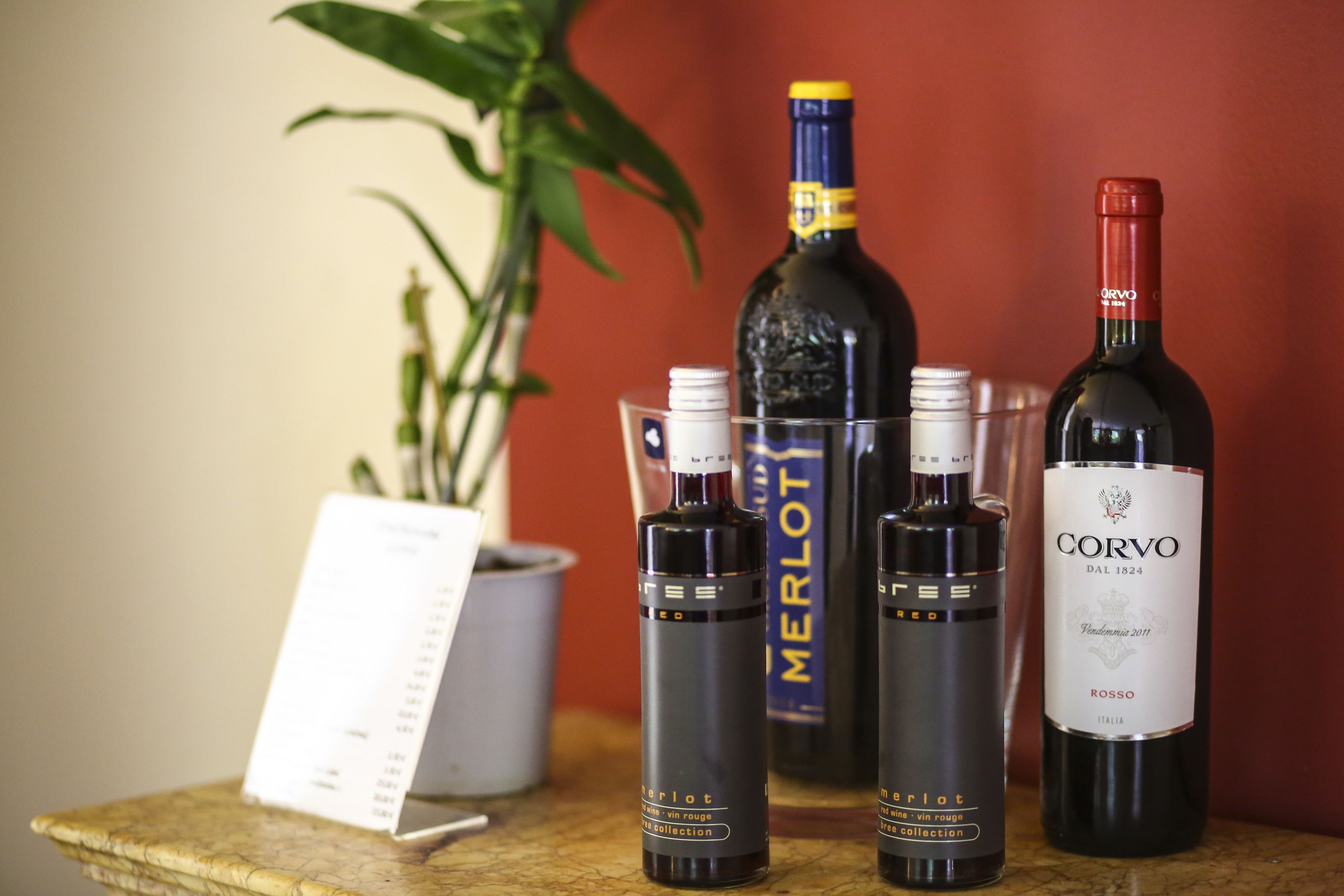 A selection of wine bottles and glasses on a table with a menu and a potted plant in the background.