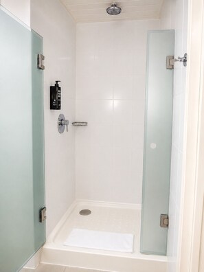 A modern shower room with a glass door, a handheld showerhead, and a bottle of shampoo. - ibis Aguascalientes Norte (Aguascalientes)