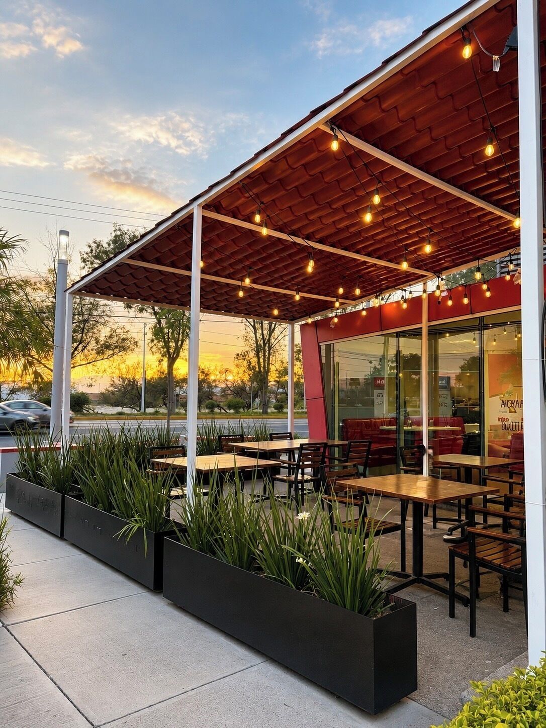 An outdoor seating area with tables and chairs, a covered roof, and a view of the street.