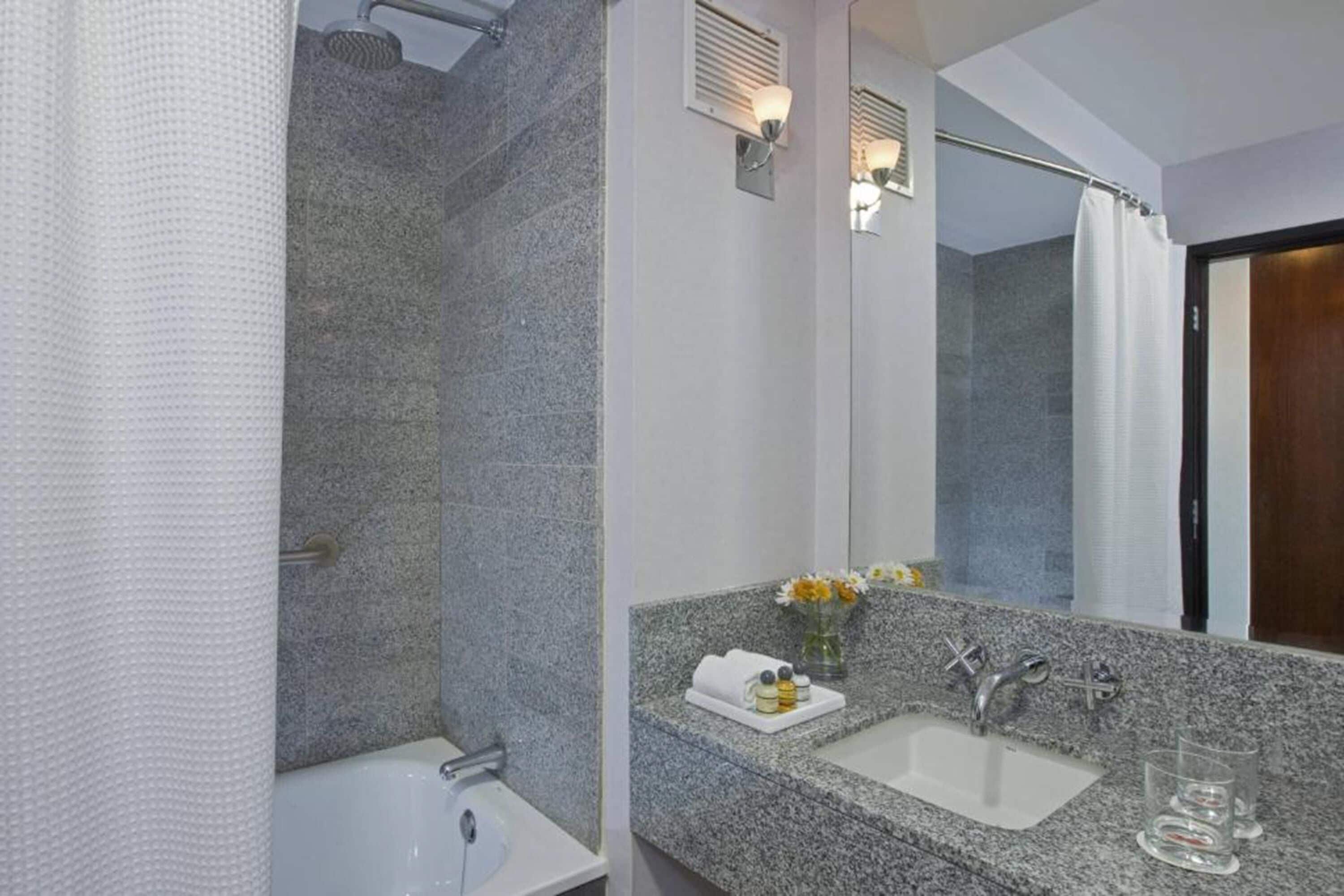 combined shower/bathtub, free toiletries, hair dryer, towels