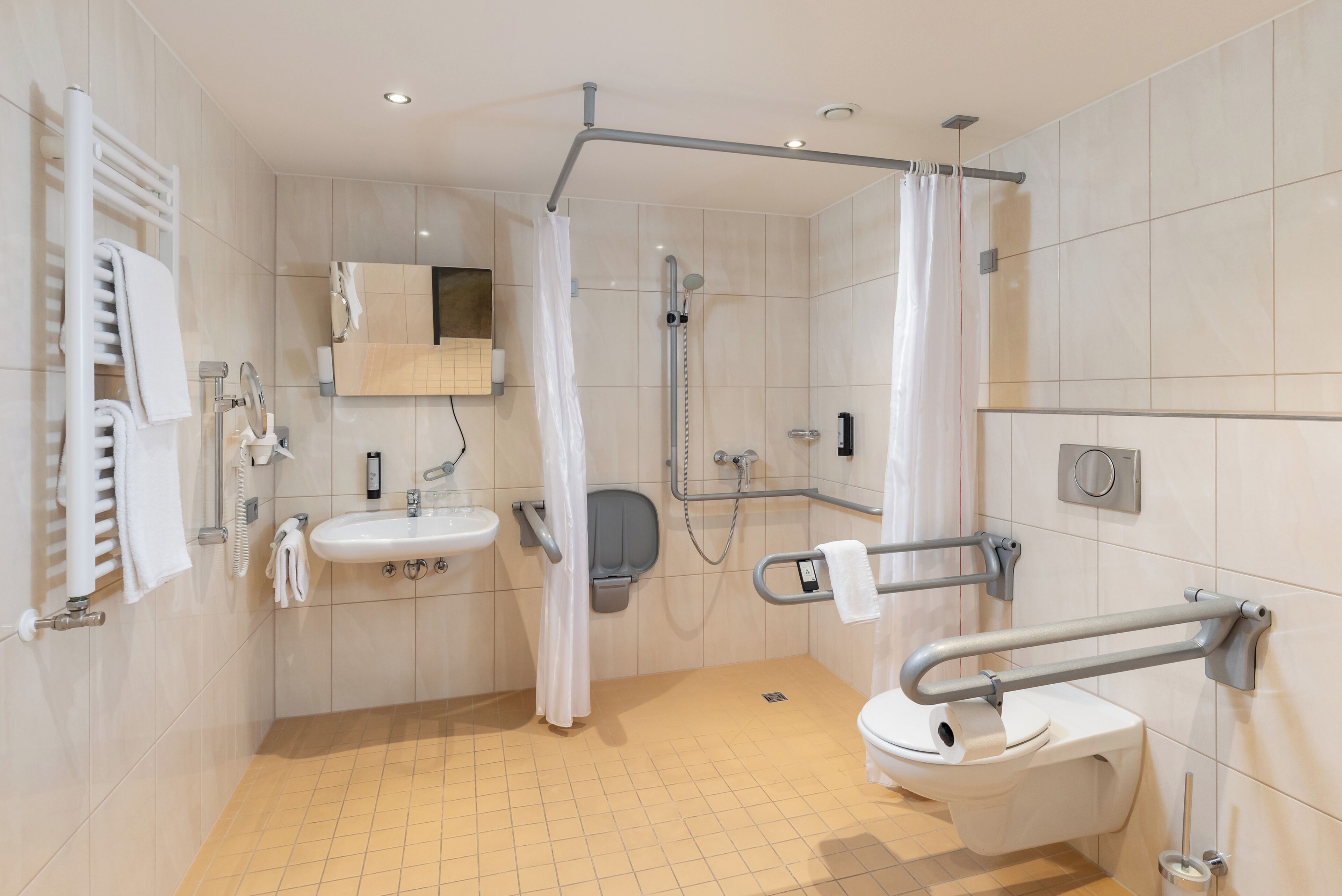 A modern bathroom with a shower, toilet, sink, and grab bars.
