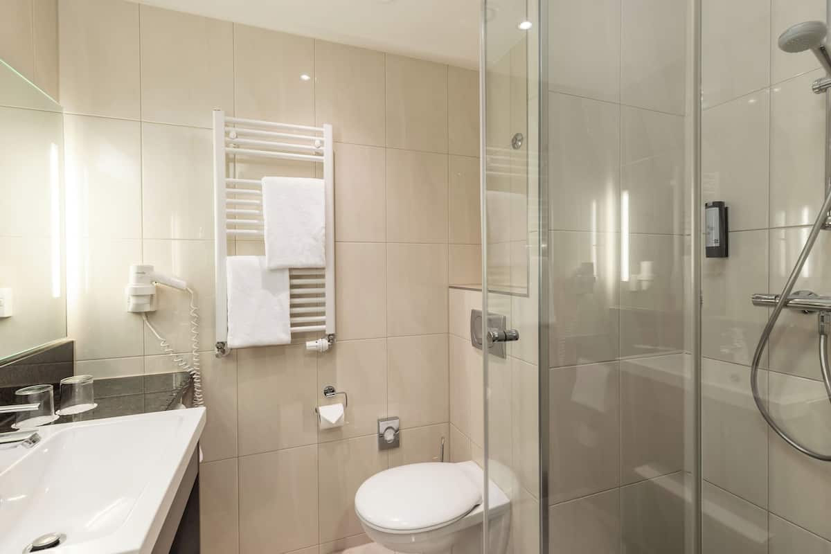 shower, eco-friendly toiletries, hair dryer, towels