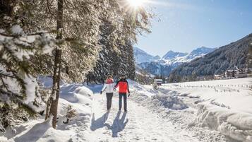 Un sendero nevado con montañas al fondo, un edificio con techo inclinado y una valla.