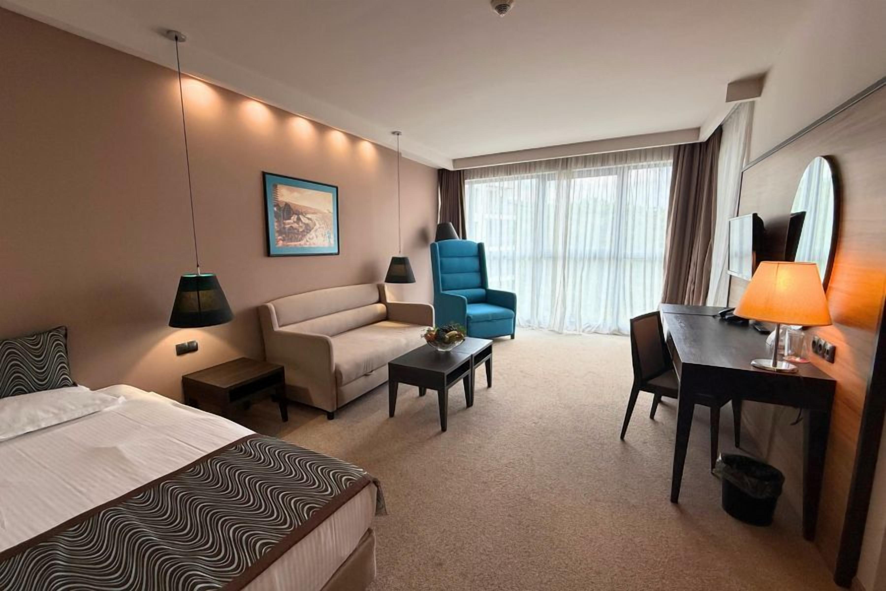 Et hotelværelse med seng, sofa, skrivebord og stol.