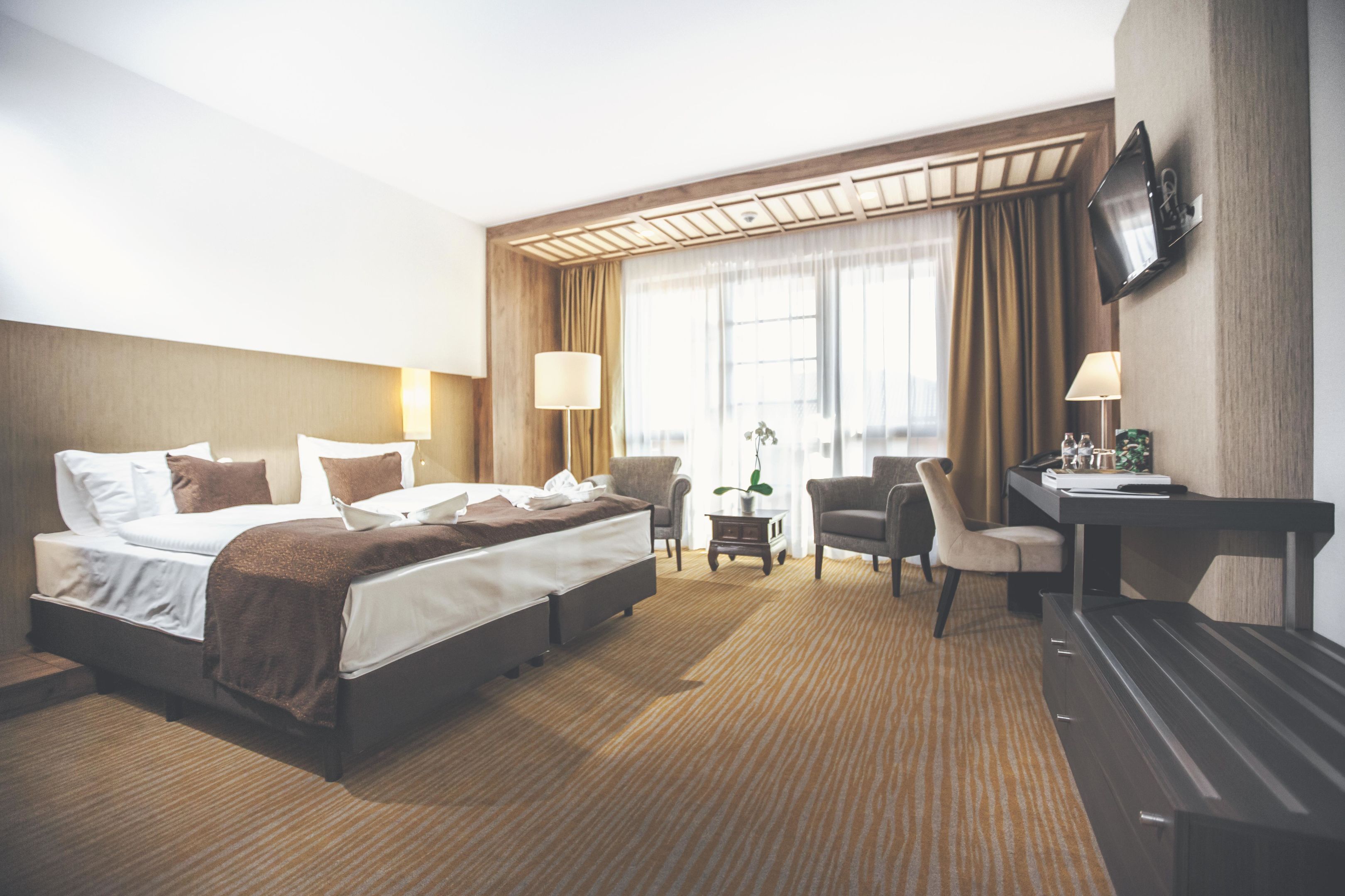 Een hotelkamer met een groot bed, een bureau, twee stoelen, een tafeltje met een plant en een aan de muur bevestigde televisie.