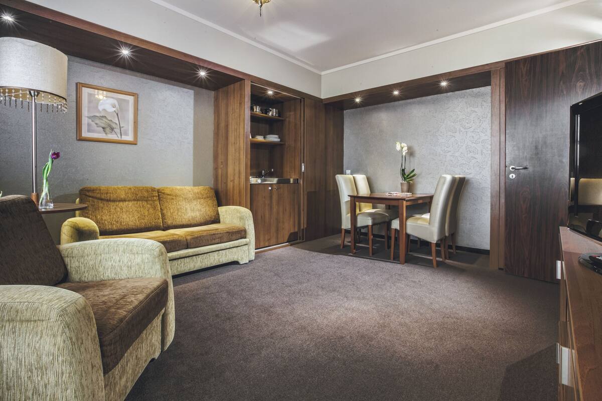 Ein Wohnzimmer mit einer Couch, einem Esstisch mit Stühlen, einem Fernseher und einer integrierten Küchenzeile.