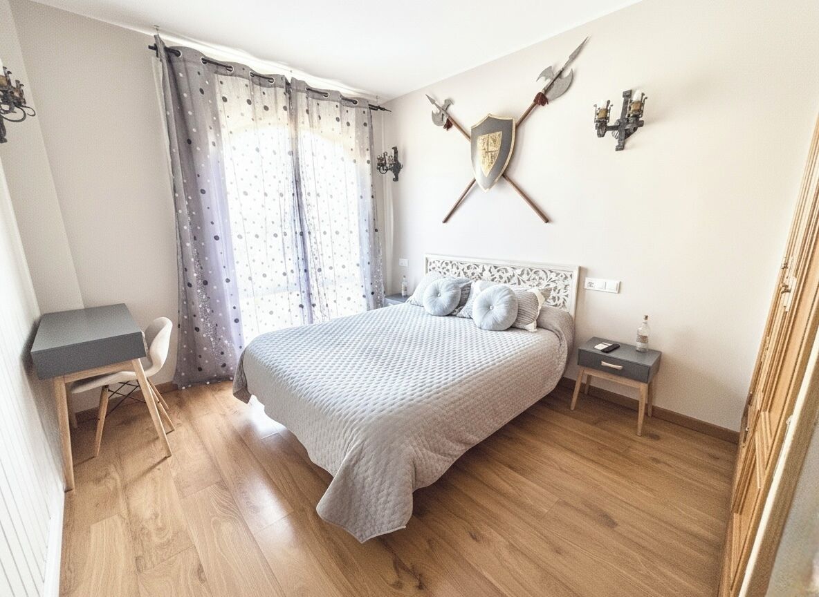 Un dormitorio con cama, escritorio, silla, mesita de noche y un escudo decorativo colgado en la pared.